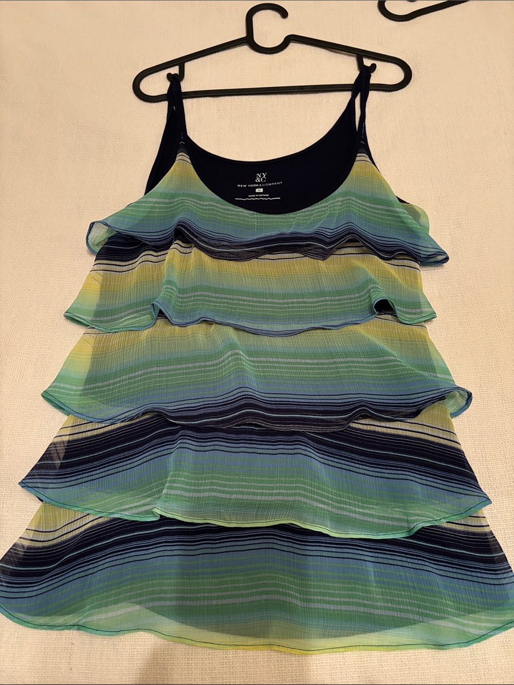 New York & Company Blue Green Striped Tiered Ruffle Tank